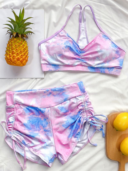 Tie-Dye Spaghetti Strap Top and Drawstring Shorts Swim Set - Aurelia Clothing