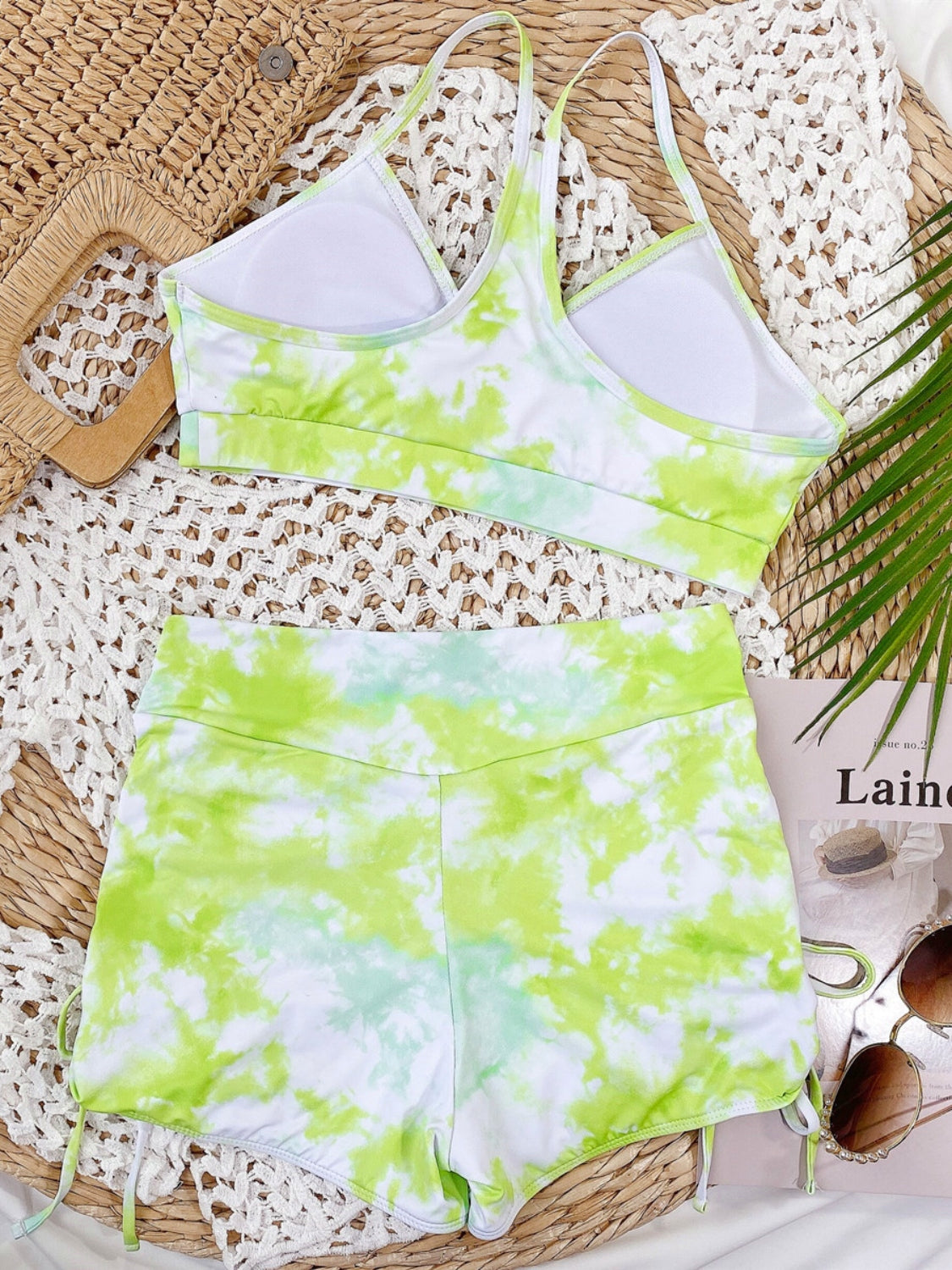 Tie-Dye Spaghetti Strap Top and Drawstring Shorts Swim Set - Aurelia Clothing