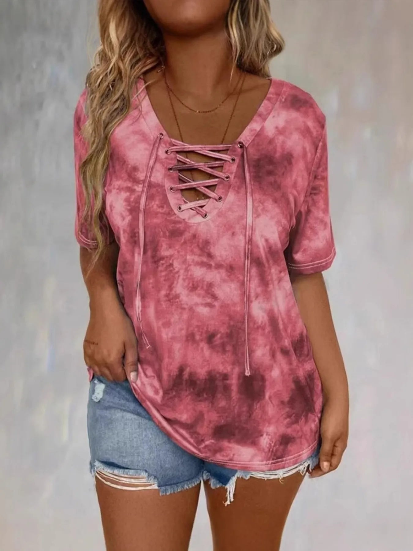 Tie Dye Lace-Up V-Neck - Free Shipping - Aurelia Clothing