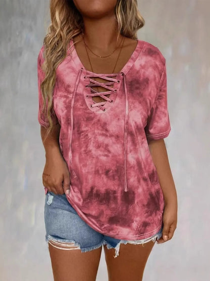 Tie Dye Lace-Up V-Neck - Free Shipping - Aurelia Clothing