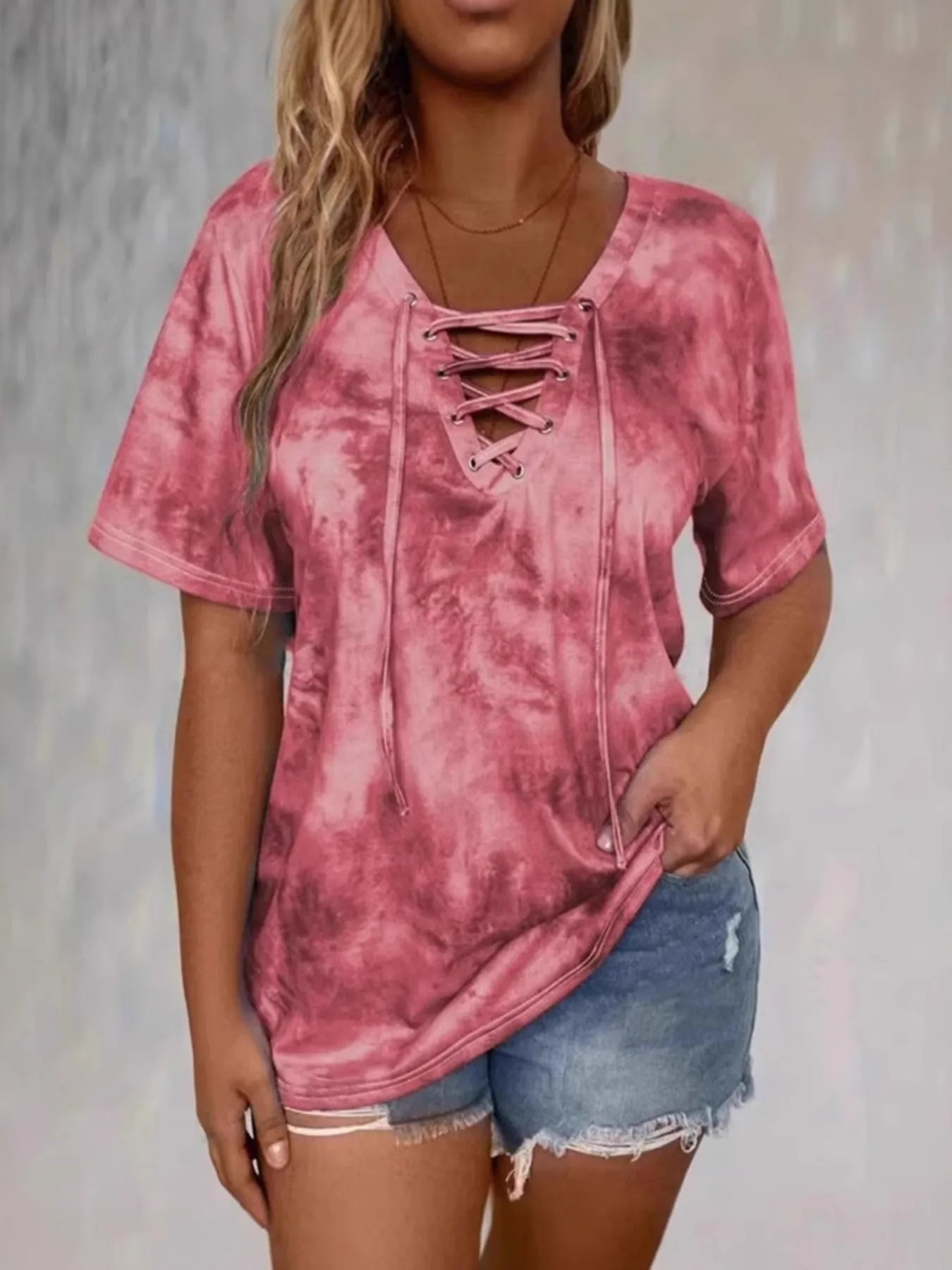 Tie Dye Lace-Up V-Neck - Free Shipping - Aurelia Clothing