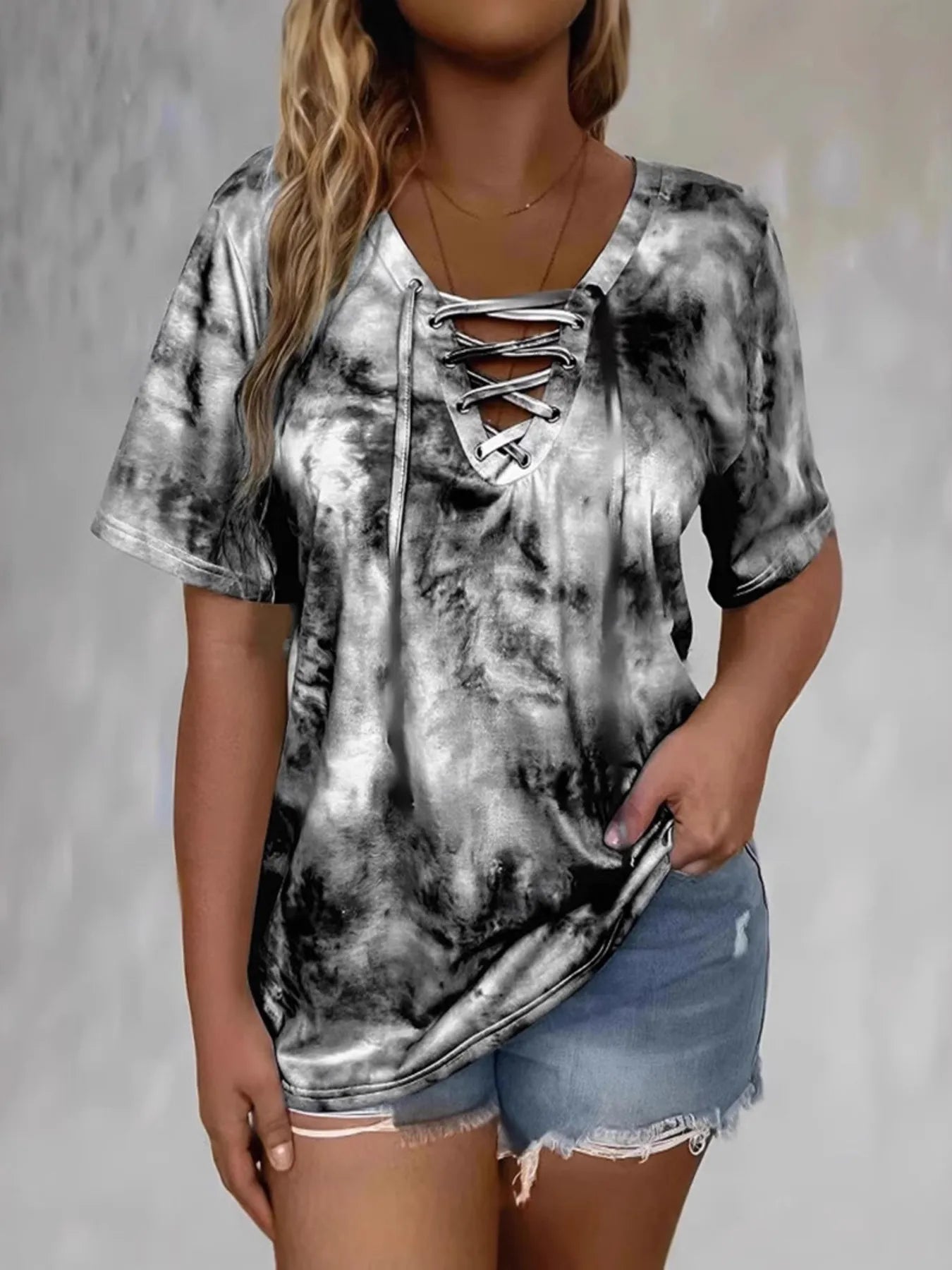 Tie Dye Lace-Up V-Neck - Free Shipping - Aurelia Clothing