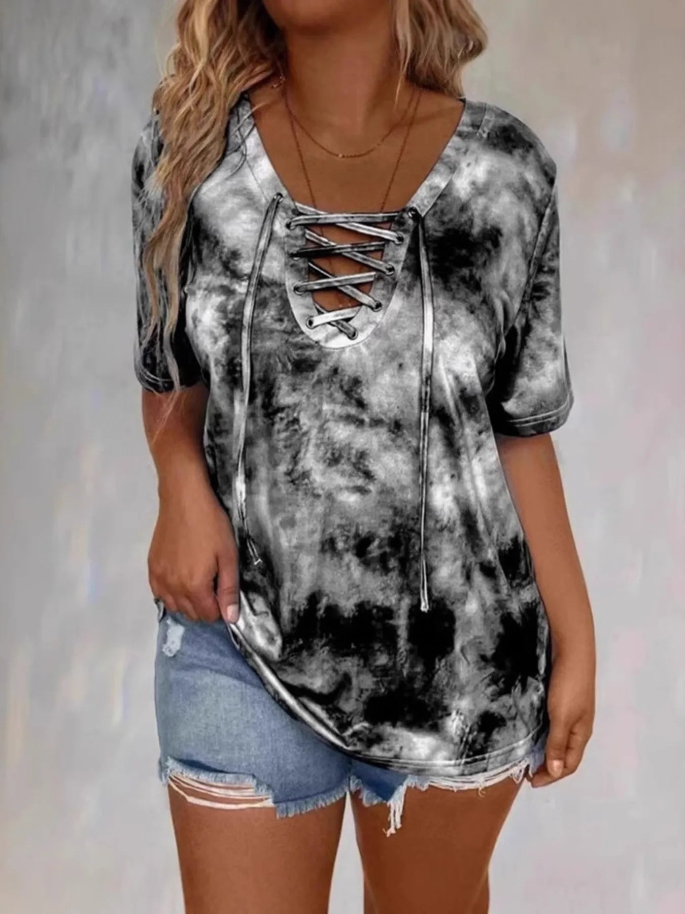 Tie Dye Lace-Up V-Neck - Free Shipping - Aurelia Clothing