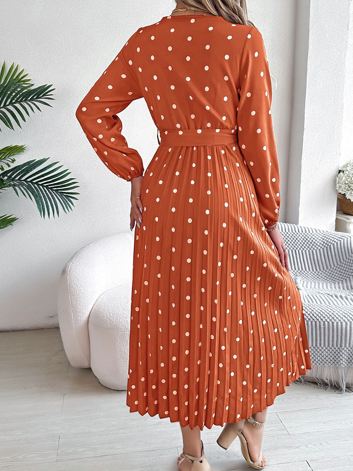 Tied Polka Dot Long Sleeve Midi Dress - Aurelia Clothing