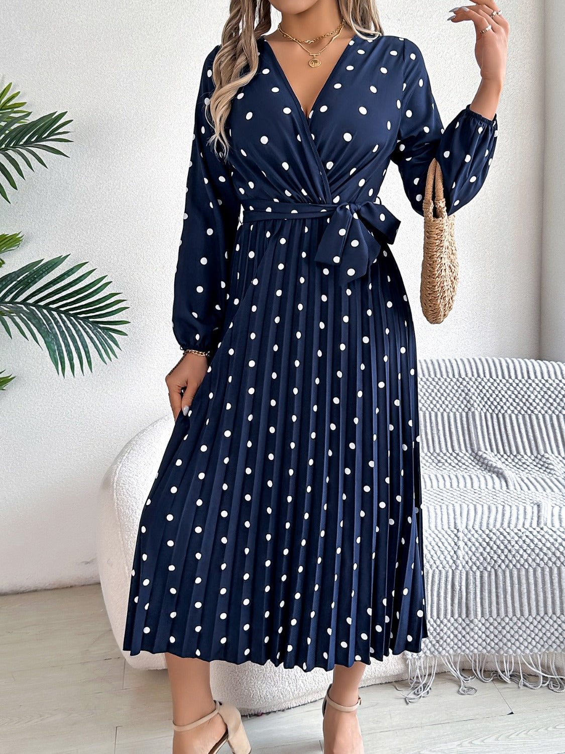 Tied Polka Dot Long Sleeve Midi Dress - Aurelia Clothing