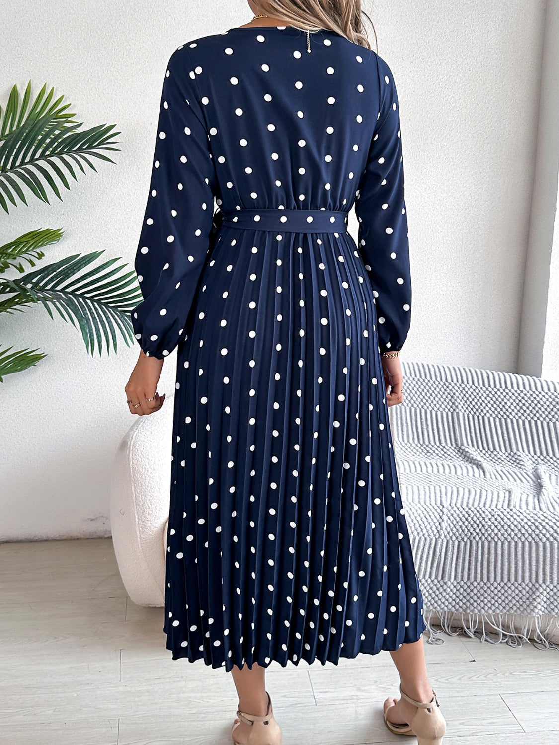 Tied Polka Dot Long Sleeve Midi Dress - Aurelia Clothing