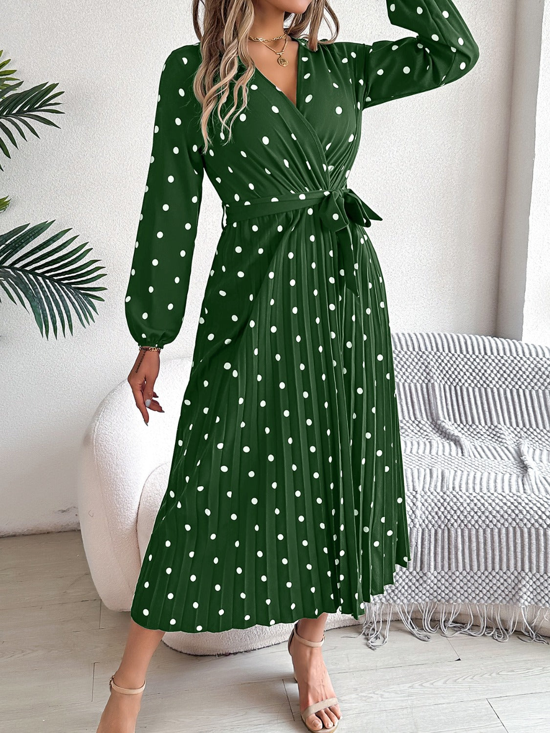 Tied Polka Dot Long Sleeve Midi Dress - Aurelia Clothing