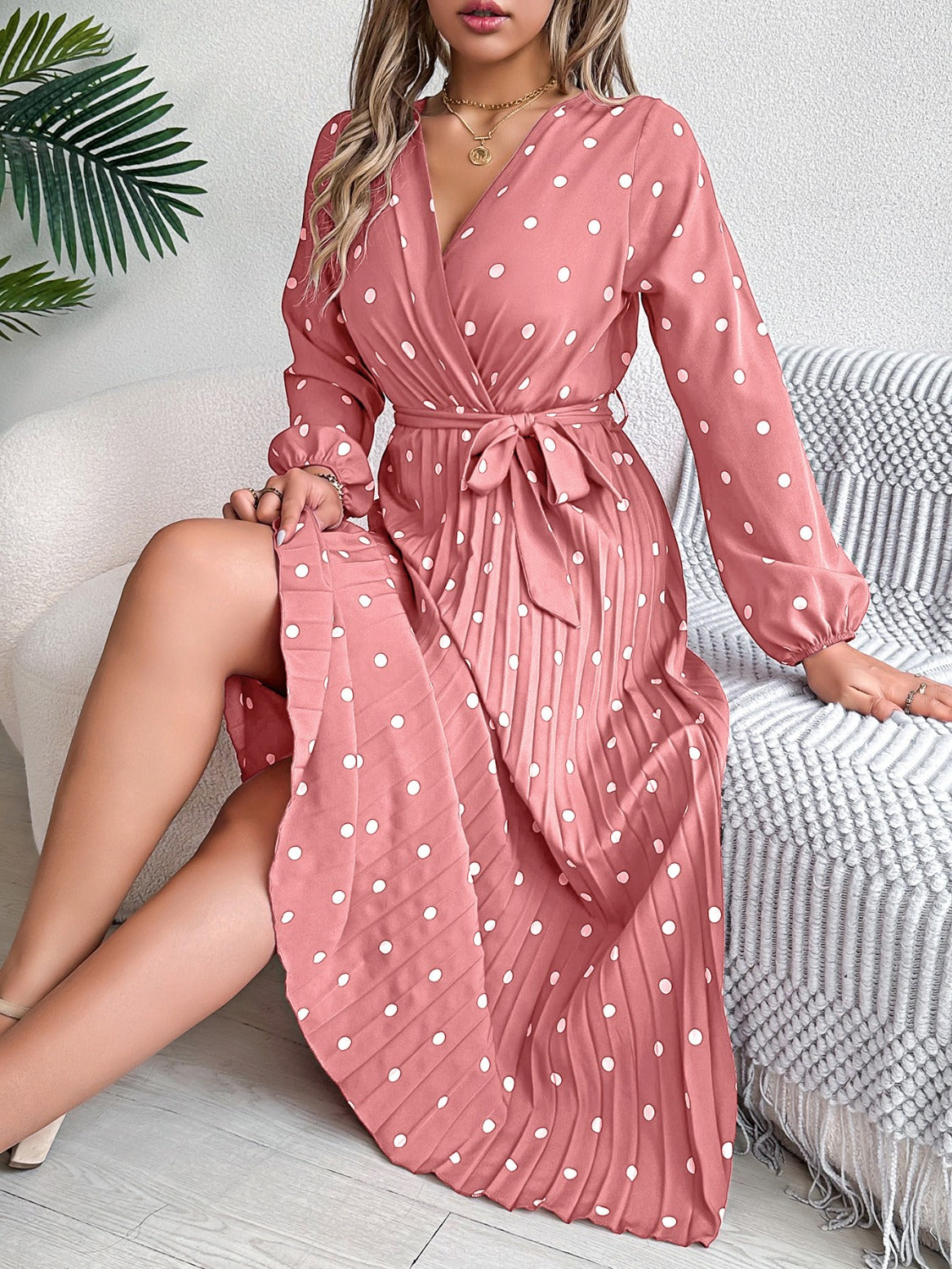 Tied Polka Dot Long Sleeve Midi Dress - Aurelia Clothing