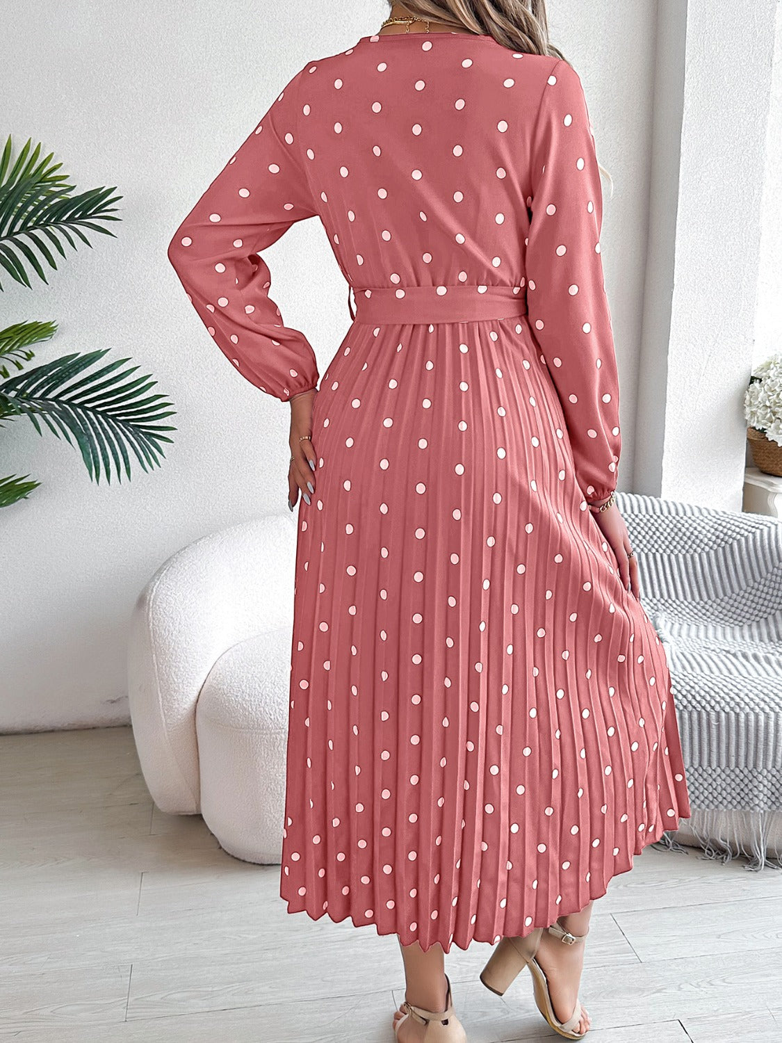Tied Polka Dot Long Sleeve Midi Dress - Aurelia Clothing