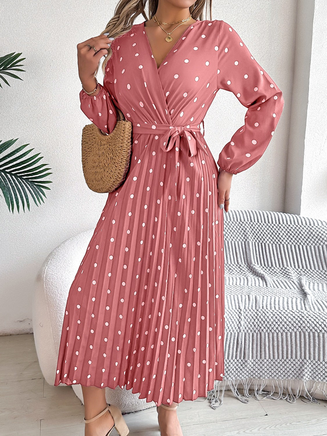 Tied Polka Dot Long Sleeve Midi Dress - Aurelia Clothing