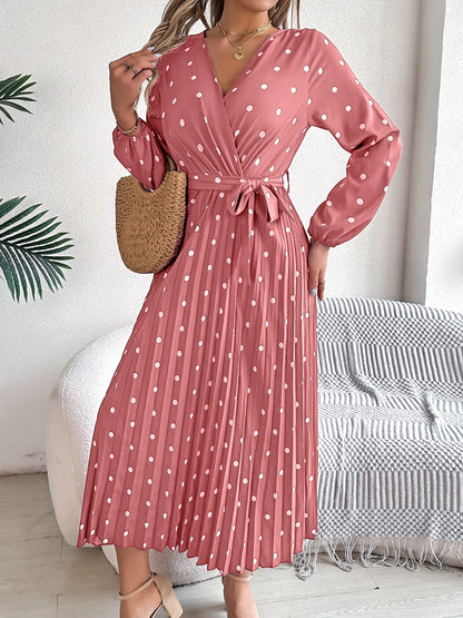 Tied Polka Dot Long Sleeve Midi Dress - Aurelia Clothing