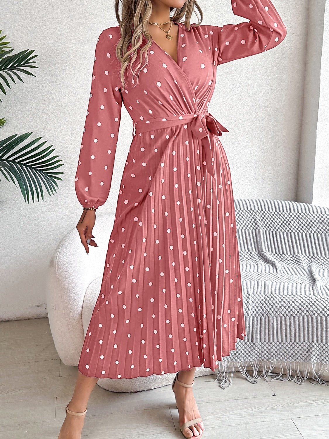 Tied Polka Dot Long Sleeve Midi Dress - Aurelia Clothing