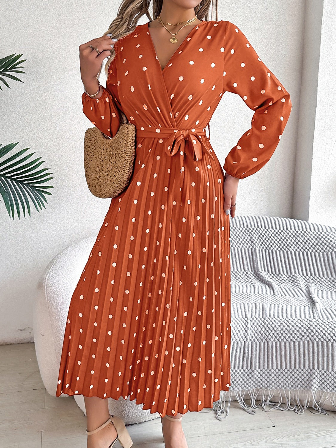 Tied Polka Dot Long Sleeve Midi Dress - Aurelia Clothing