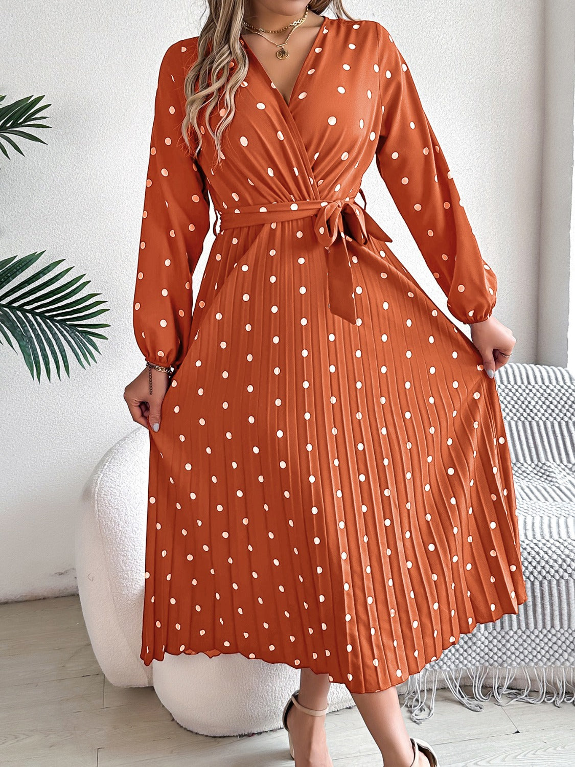 Tied Polka Dot Long Sleeve Midi Dress - Aurelia Clothing