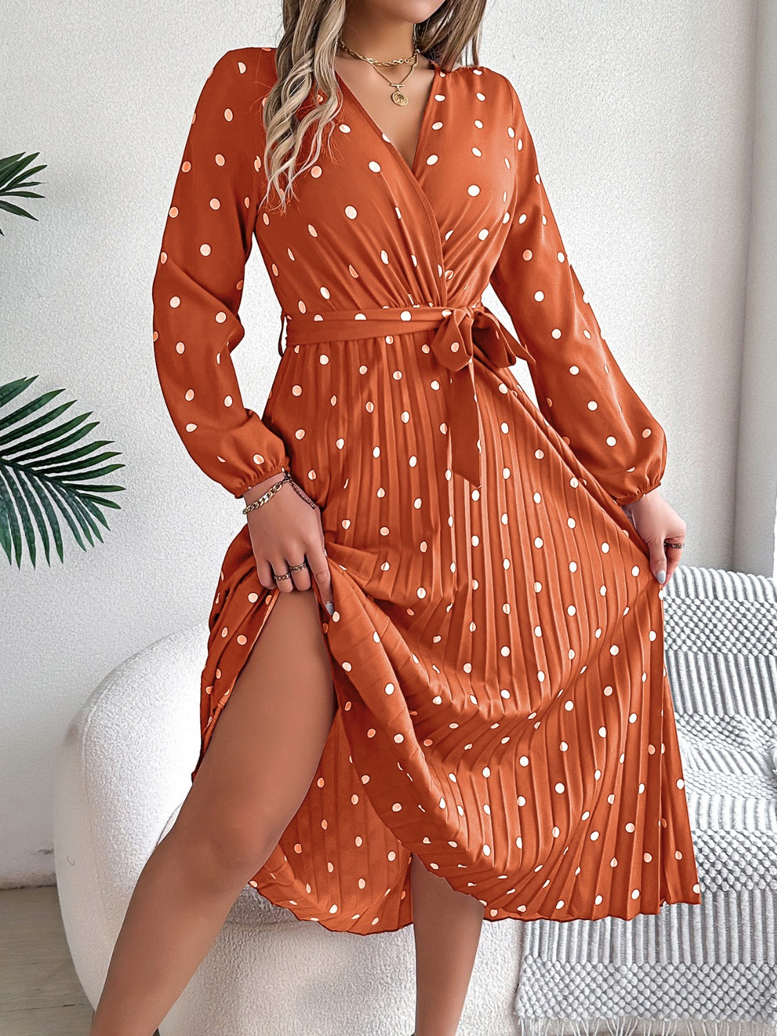 Tied Polka Dot Long Sleeve Midi Dress - Aurelia Clothing