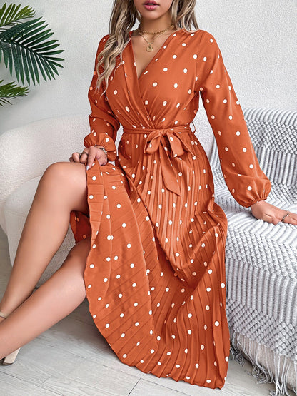 Tied Polka Dot Long Sleeve Midi Dress - Aurelia Clothing