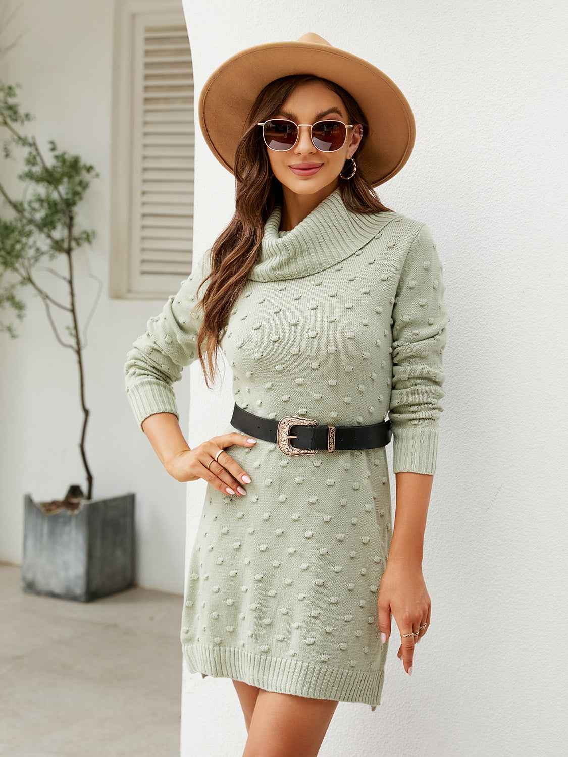 Turtleneck Long Sleeve Slit Dress - Aurelia Clothing