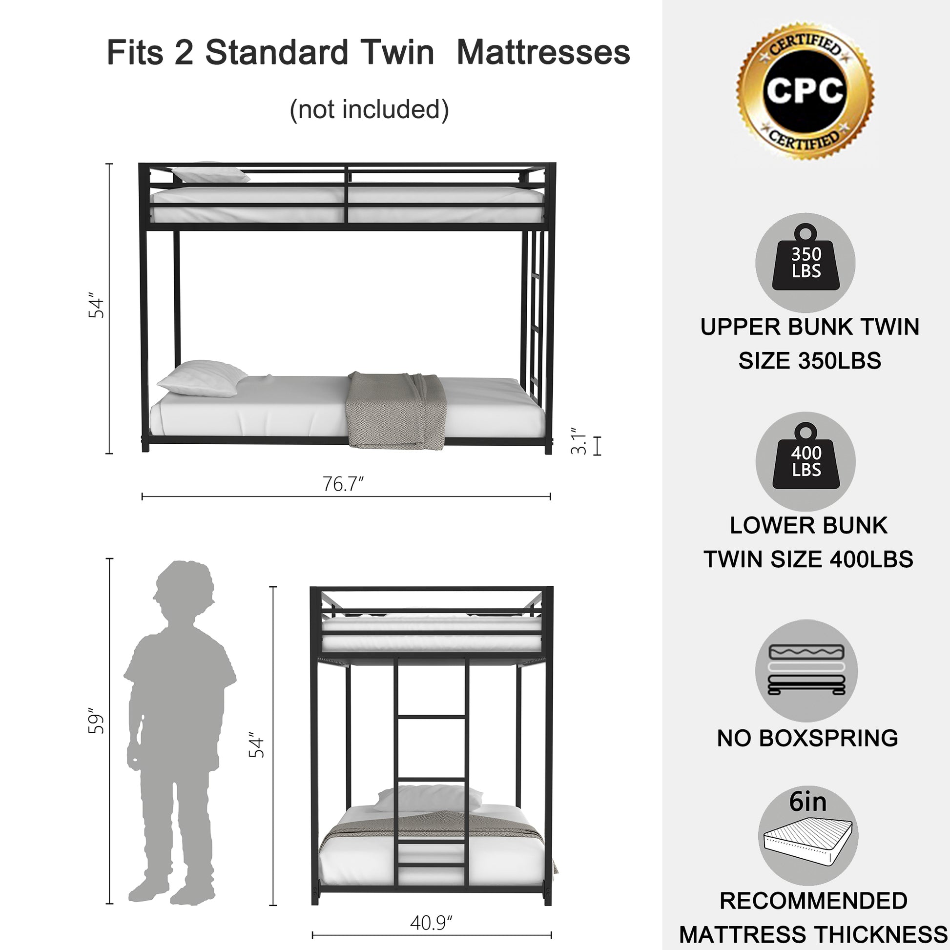 Twin Over Twin Bunk Bed Metal Black for Kids and Adult-Free Shipping - Aurelia Clothing