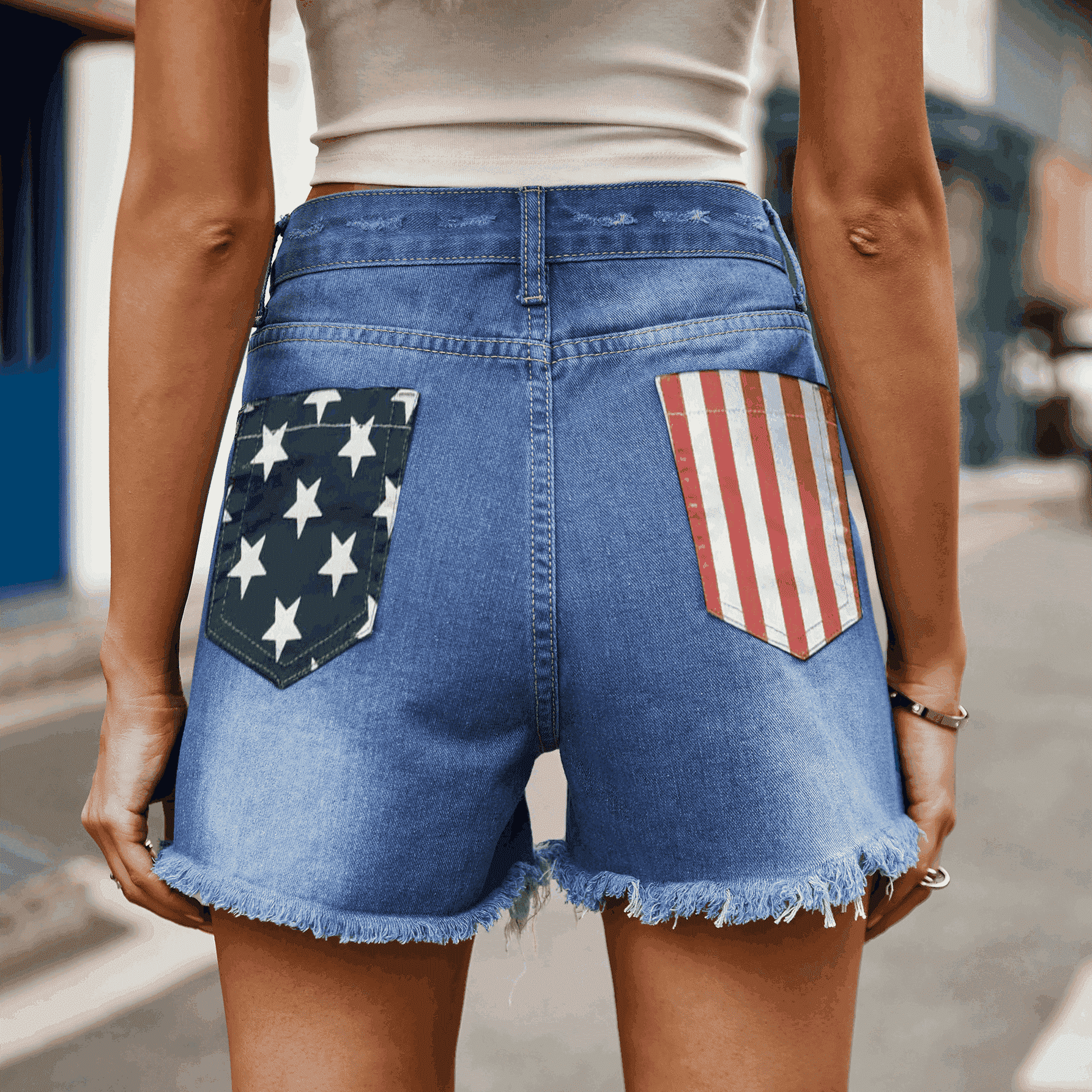 US Flag Distressed Denim Shorts - Aurelia Clothing