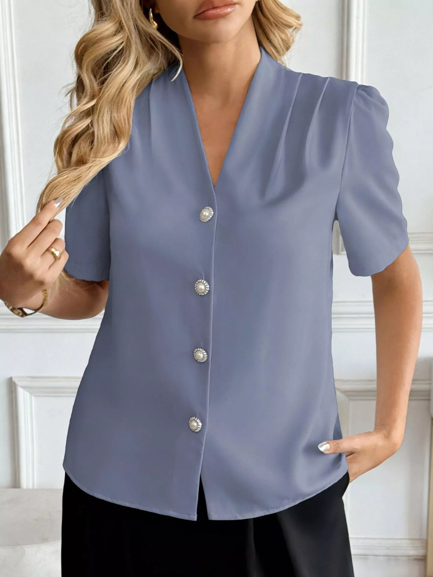 V-Neck Button-Down Shirt-Free Shipping - Aurelia Clothing
