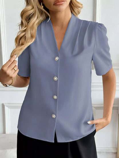 V-Neck Button-Down Shirt-Free Shipping - Aurelia Clothing