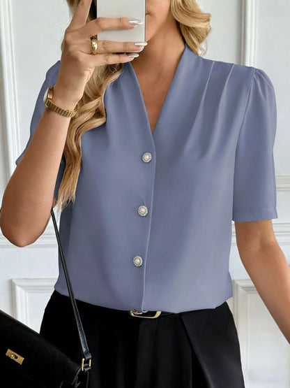 V-Neck Button-Down Shirt-Free Shipping - Aurelia Clothing
