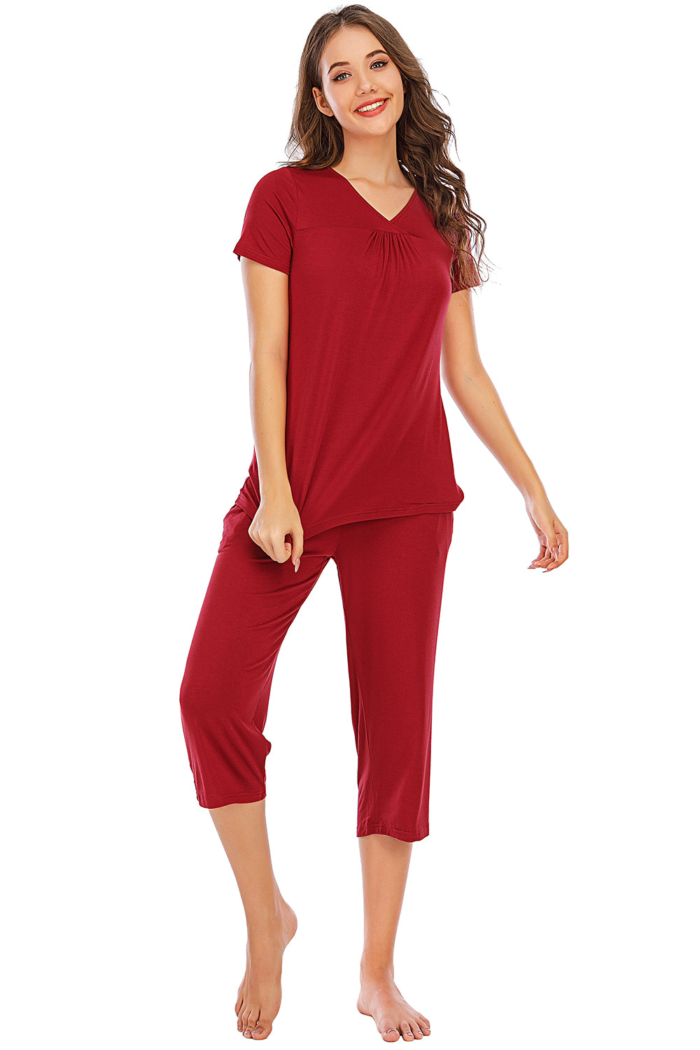 V-Neck Short Sleeve Top and Pants Lounge Set - Aurelia Clothing