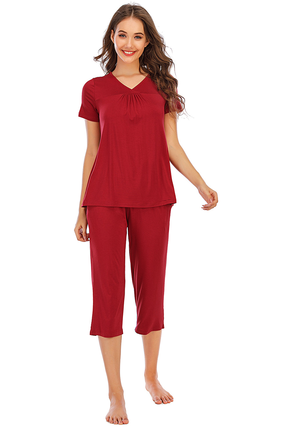 V-Neck Short Sleeve Top and Pants Lounge Set - Aurelia Clothing