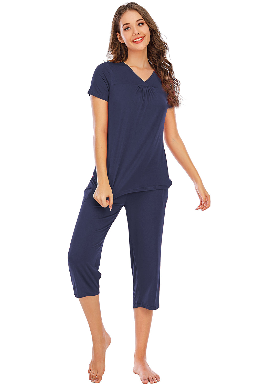 V-Neck Short Sleeve Top and Pants Lounge Set - Aurelia Clothing