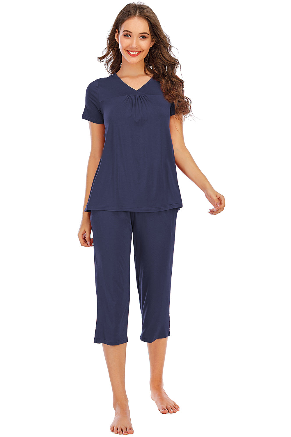 V-Neck Short Sleeve Top and Pants Lounge Set - Aurelia Clothing