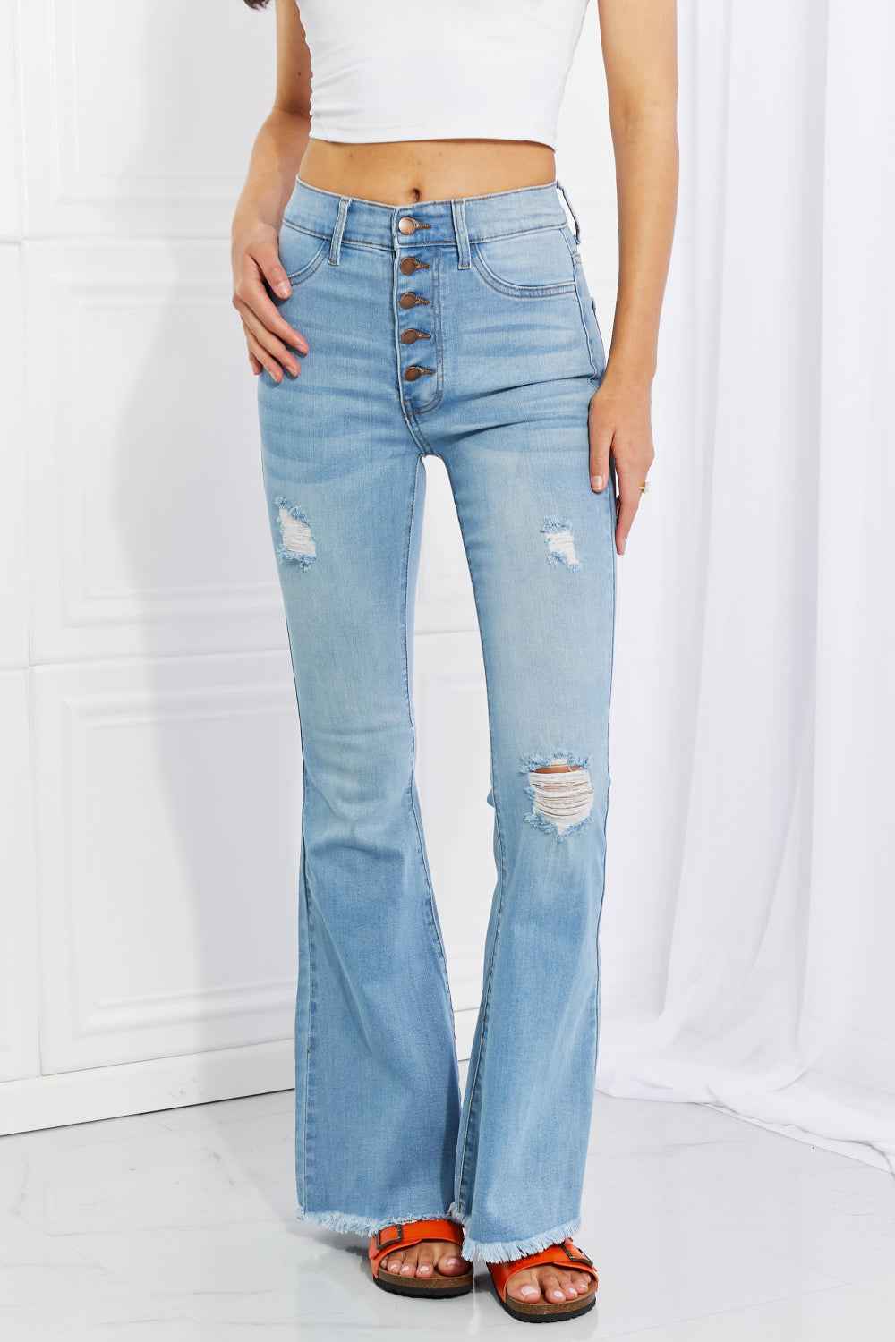 Vibrant MIU Full Size Button Flare Jeans - Aurelia Clothing
