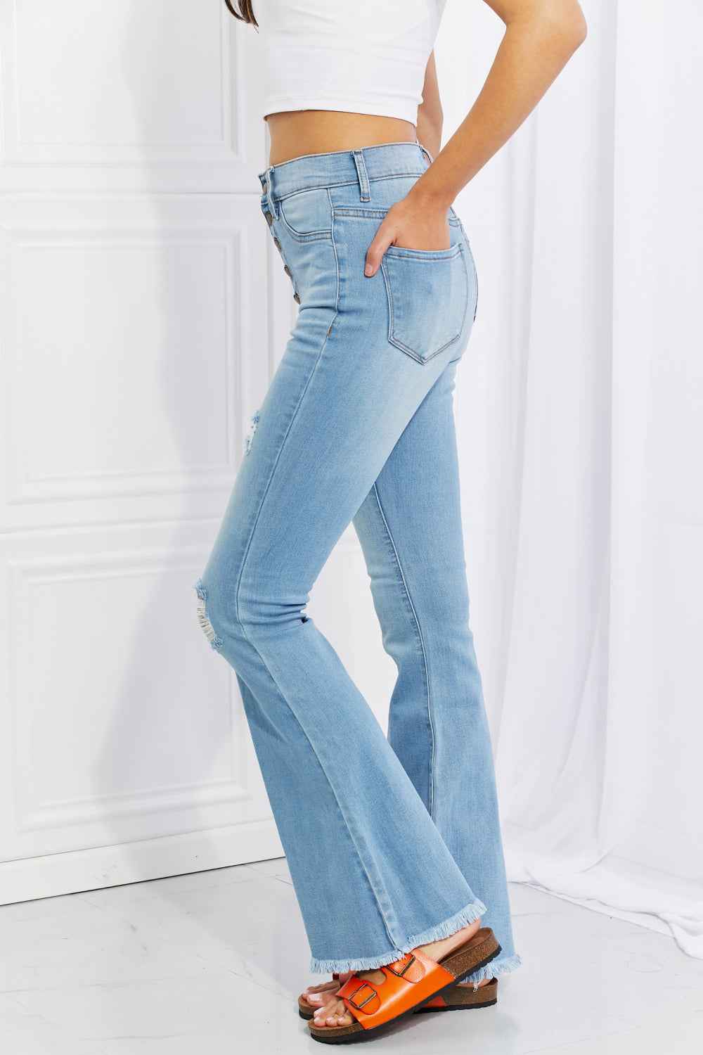 Vibrant MIU Full Size Button Flare Jeans - Aurelia Clothing