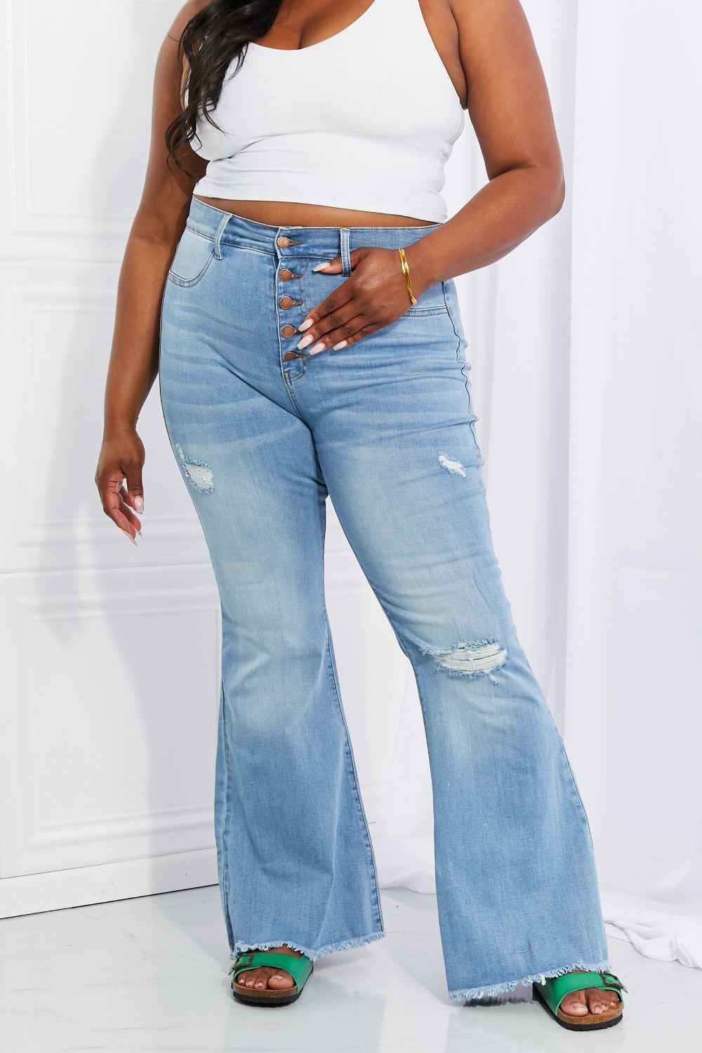 Vibrant MIU Full Size Button Flare Jeans - Aurelia Clothing