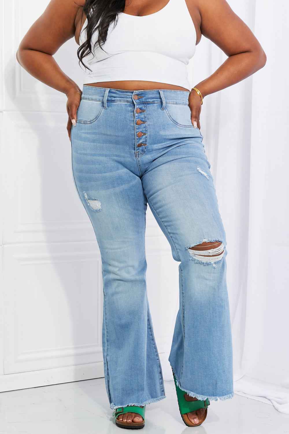 Vibrant MIU Full Size Button Flare Jeans - Aurelia Clothing