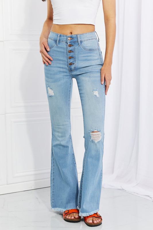 Vibrant MIU Full Size Jess Button Flare Jeans - Aurelia Clothing
