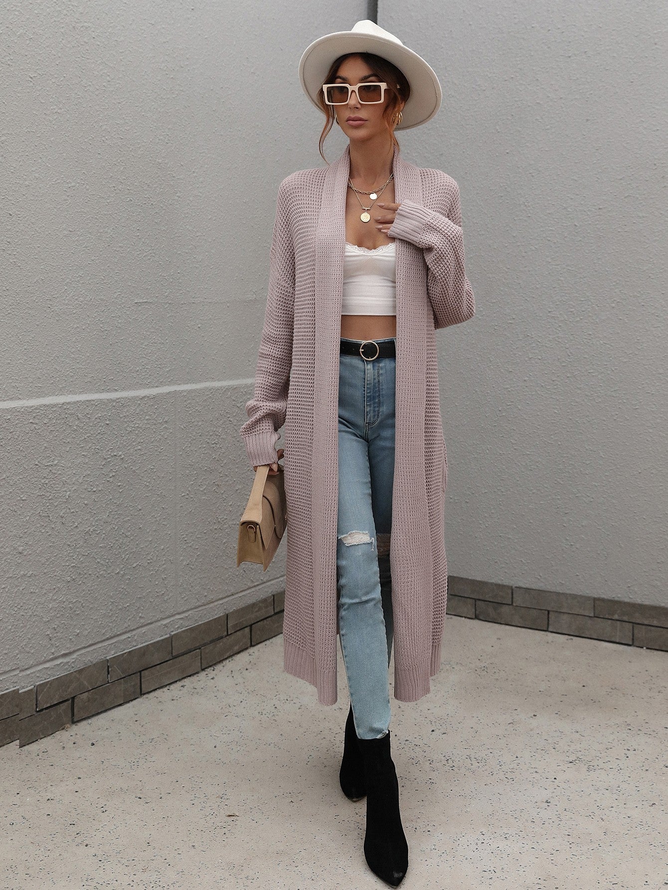 Waffle Knit Open Front Duster Cardigan With Pockets - Aurelia Clothing