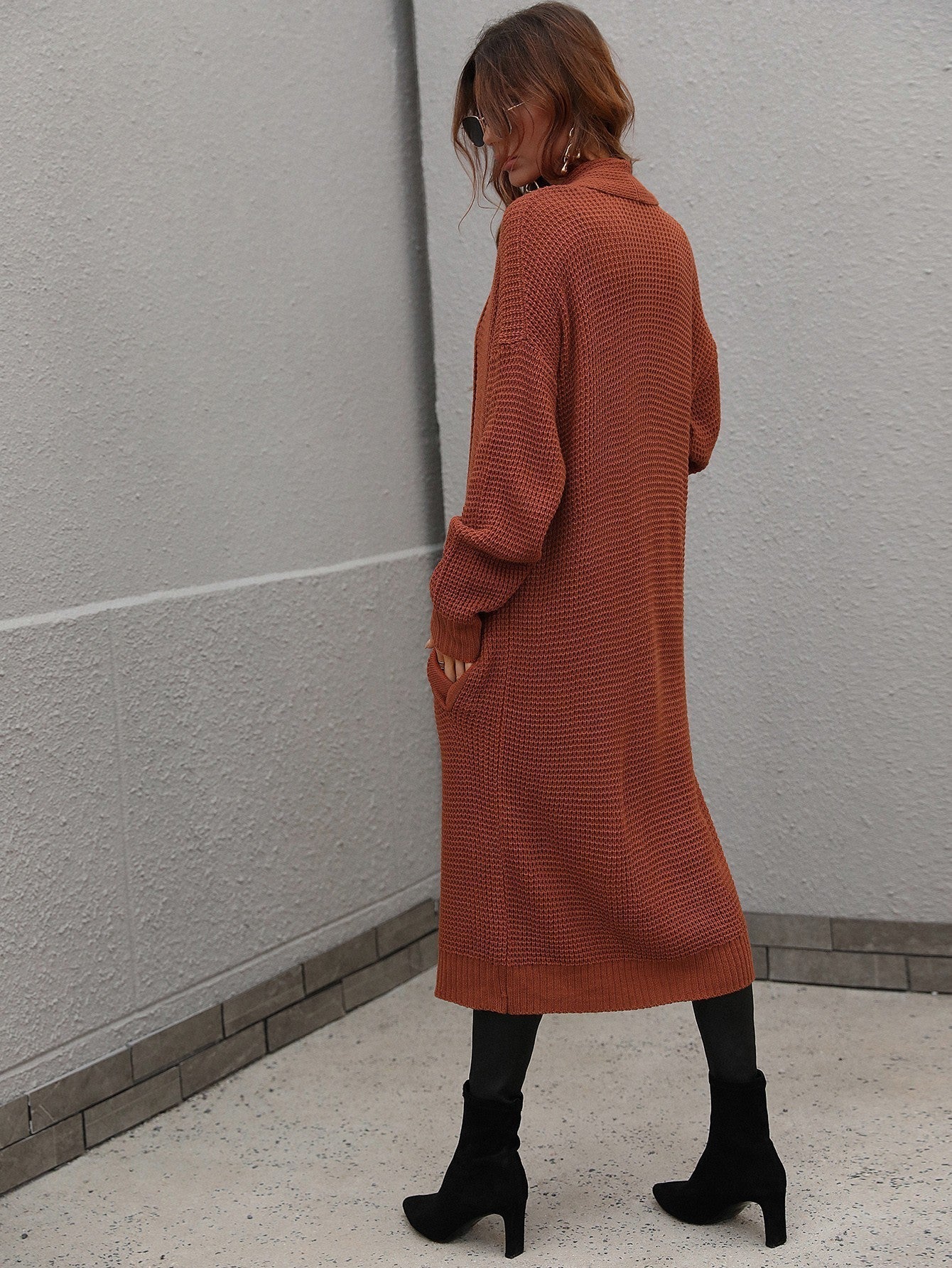Waffle Knit Open Front Duster Cardigan With Pockets - Aurelia Clothing