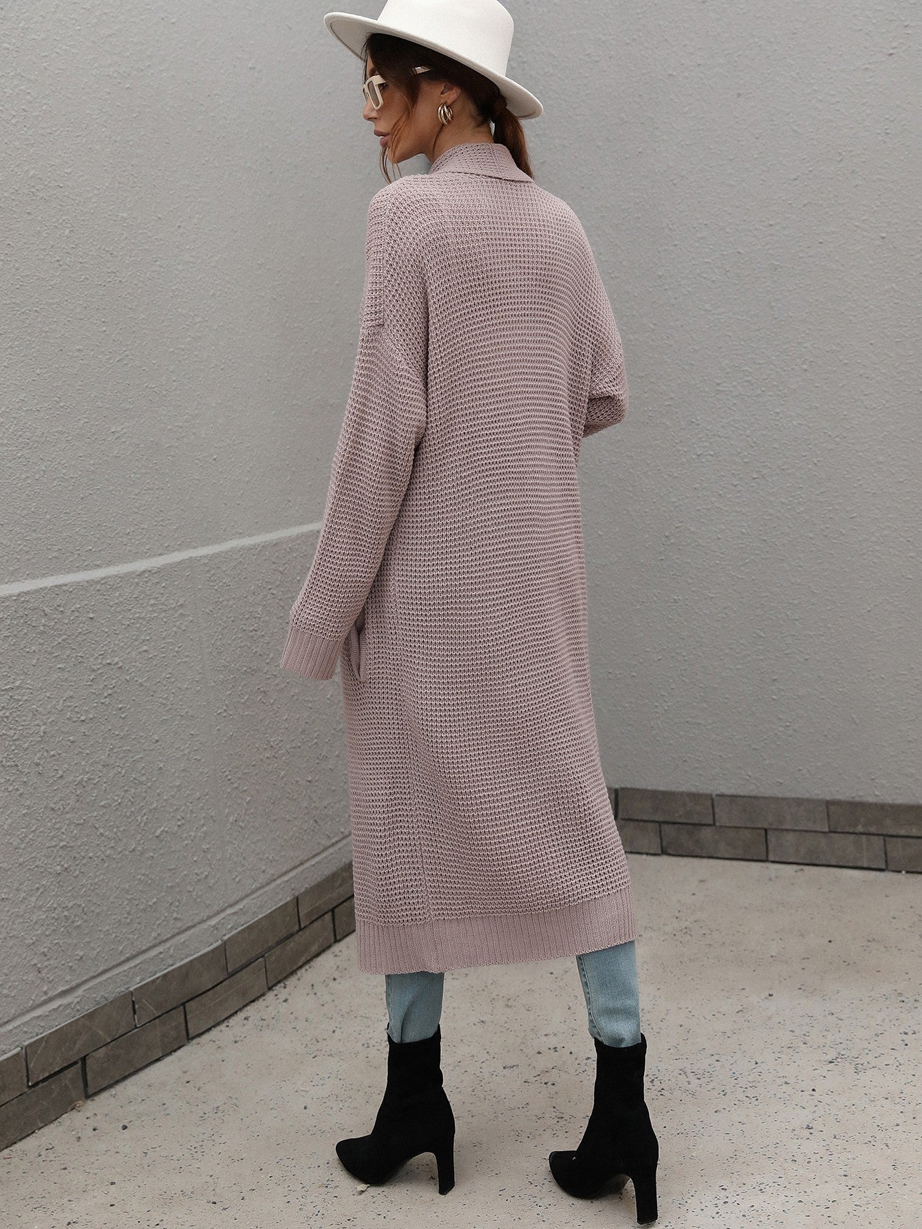 Waffle Knit Open Front Duster Cardigan With Pockets - Aurelia Clothing