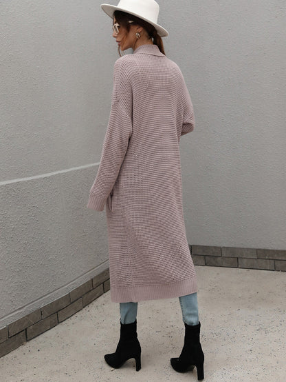 Waffle Knit Open Front Duster Cardigan With Pockets - Aurelia Clothing