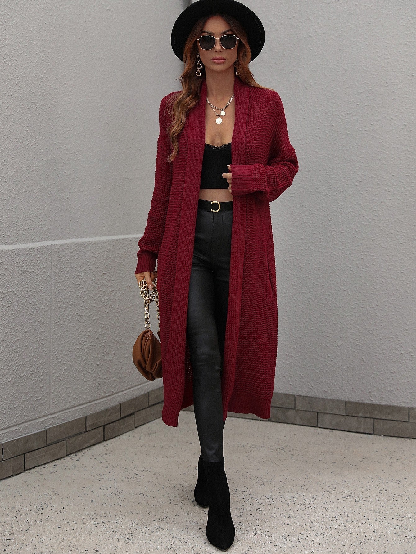 Waffle Knit Open Front Duster Cardigan With Pockets - Aurelia Clothing