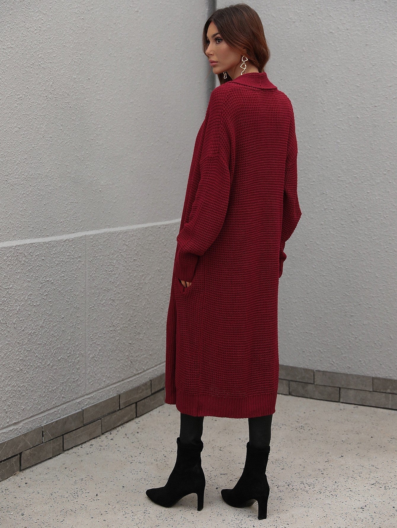 Waffle Knit Open Front Duster Cardigan With Pockets - Aurelia Clothing
