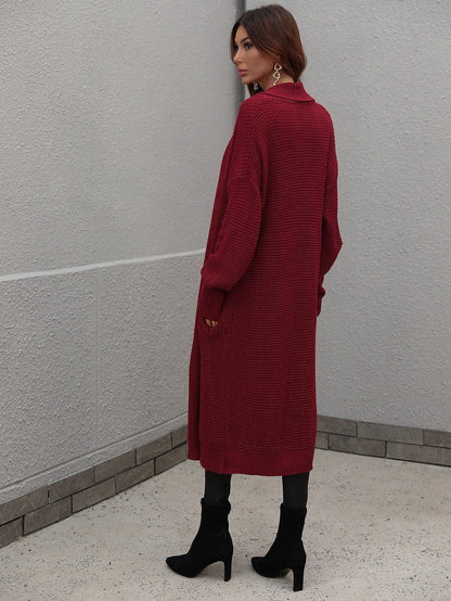 Waffle Knit Open Front Duster Cardigan With Pockets - Aurelia Clothing