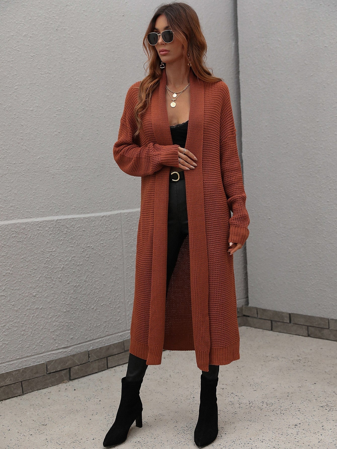 Waffle Knit Open Front Duster Cardigan With Pockets - Aurelia Clothing