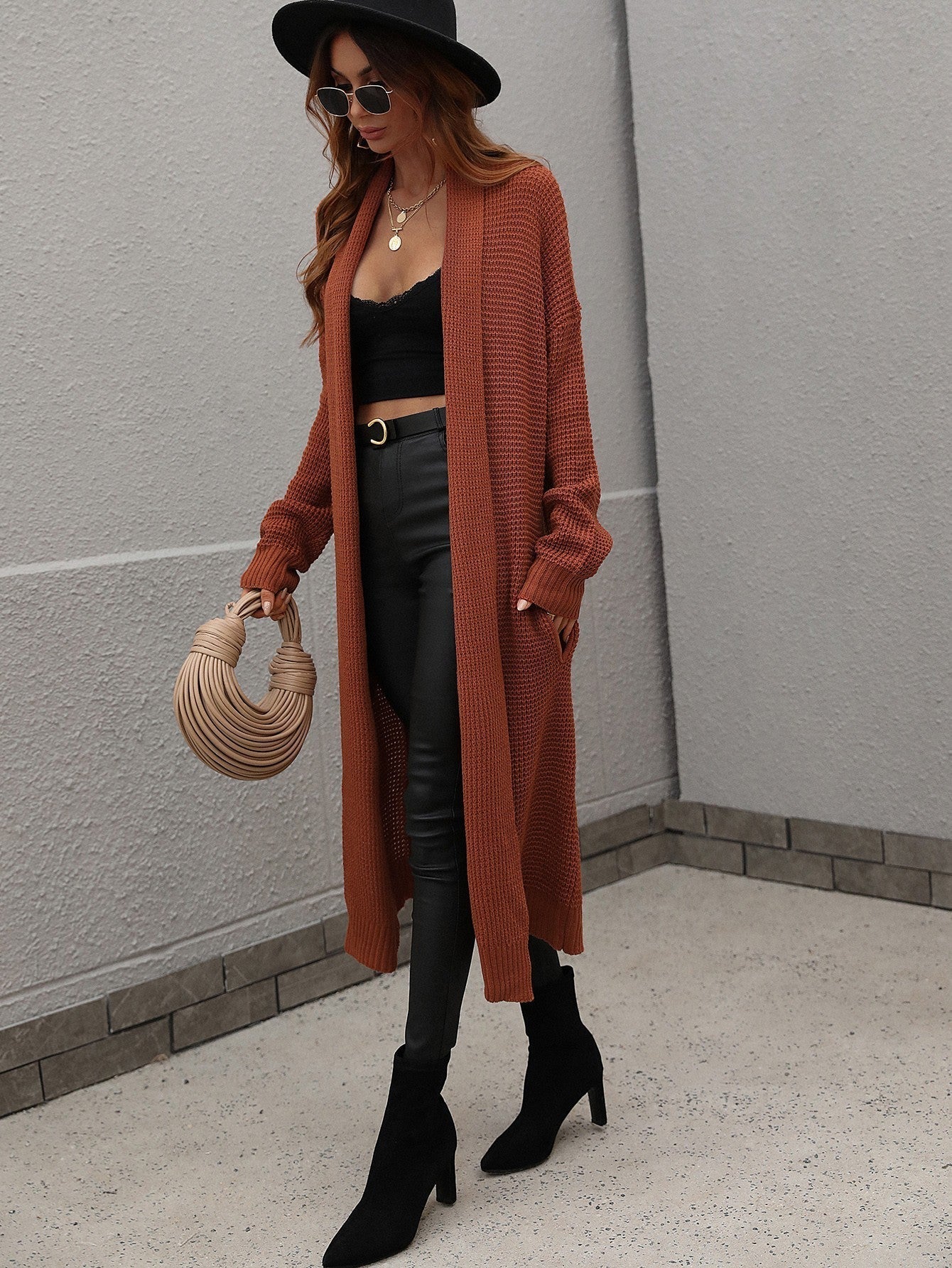 Waffle Knit Open Front Duster Cardigan With Pockets - Aurelia Clothing