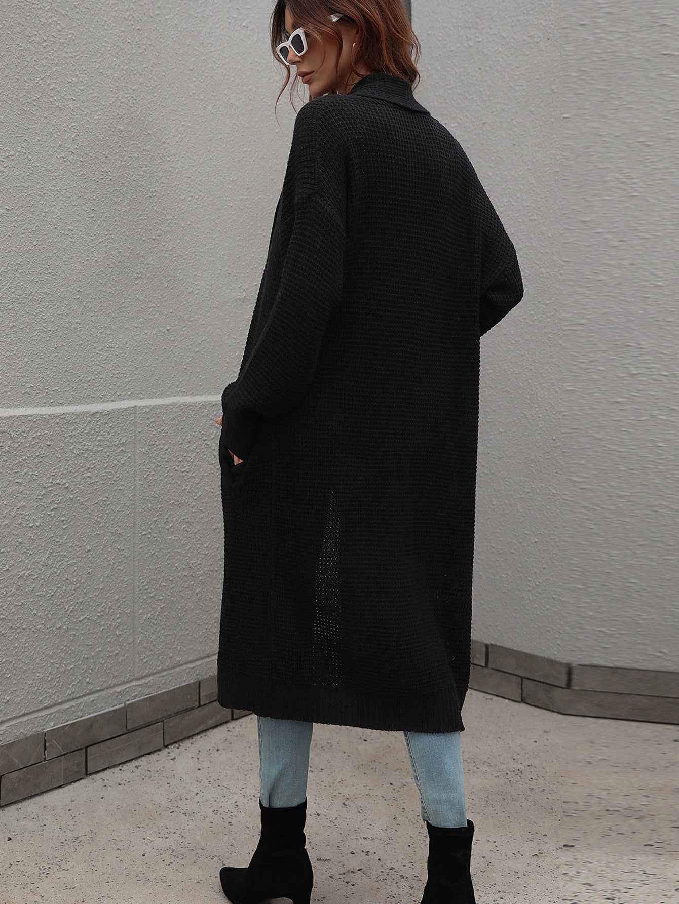 Waffle Knit Open Front Duster Cardigan With Pockets - Aurelia Clothing