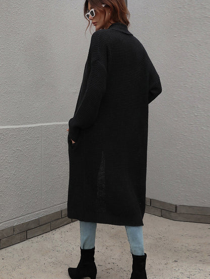 Waffle Knit Open Front Duster Cardigan With Pockets - Aurelia Clothing
