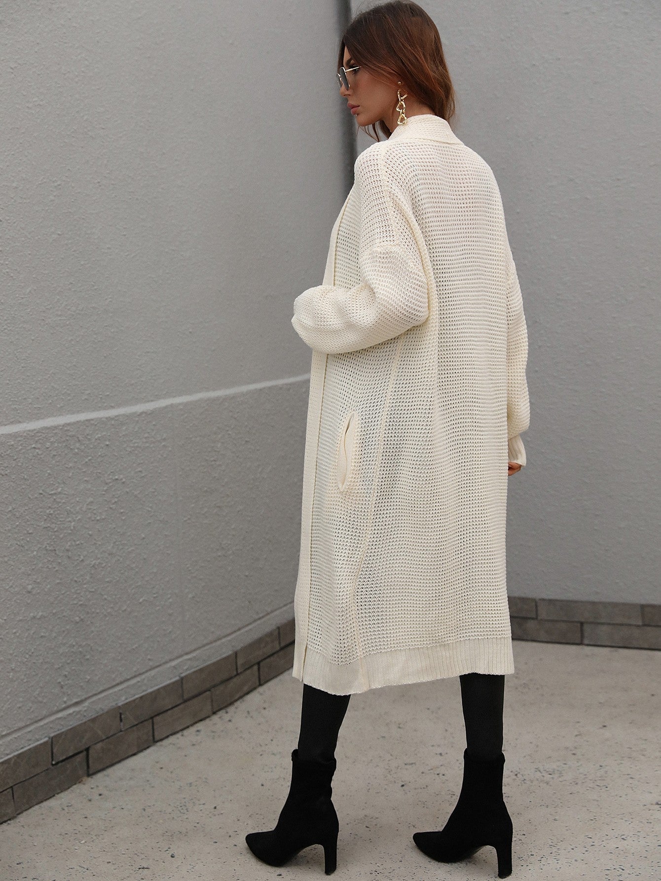 Waffle Knit Open Front Duster Cardigan With Pockets - Aurelia Clothing