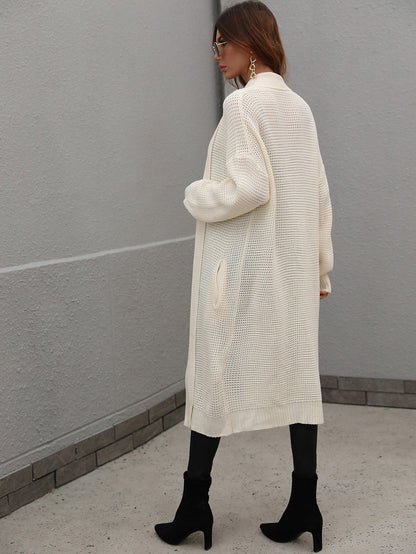 Waffle Knit Open Front Duster Cardigan With Pockets - Aurelia Clothing