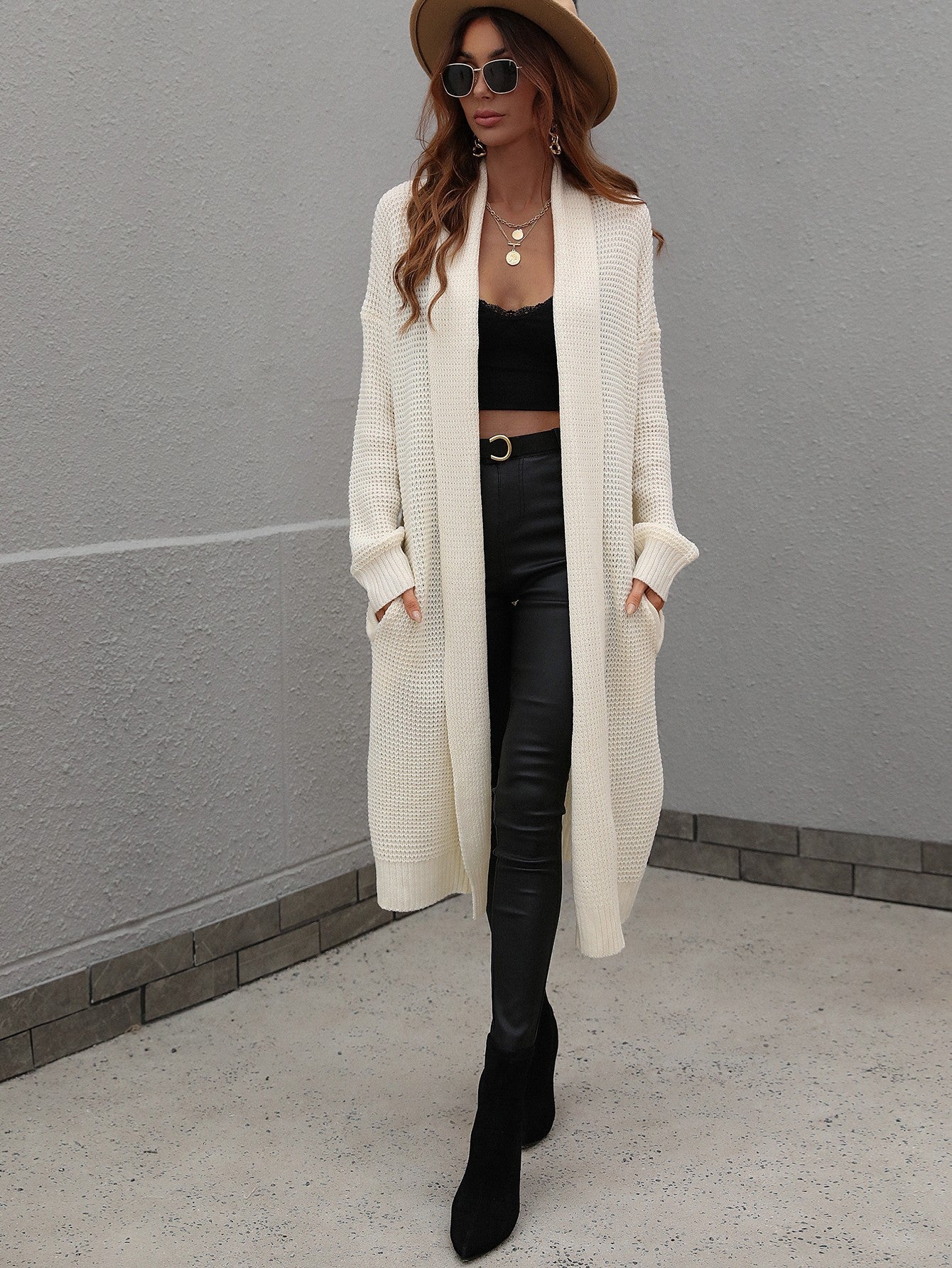 Waffle Knit Open Front Duster Cardigan With Pockets - Aurelia Clothing