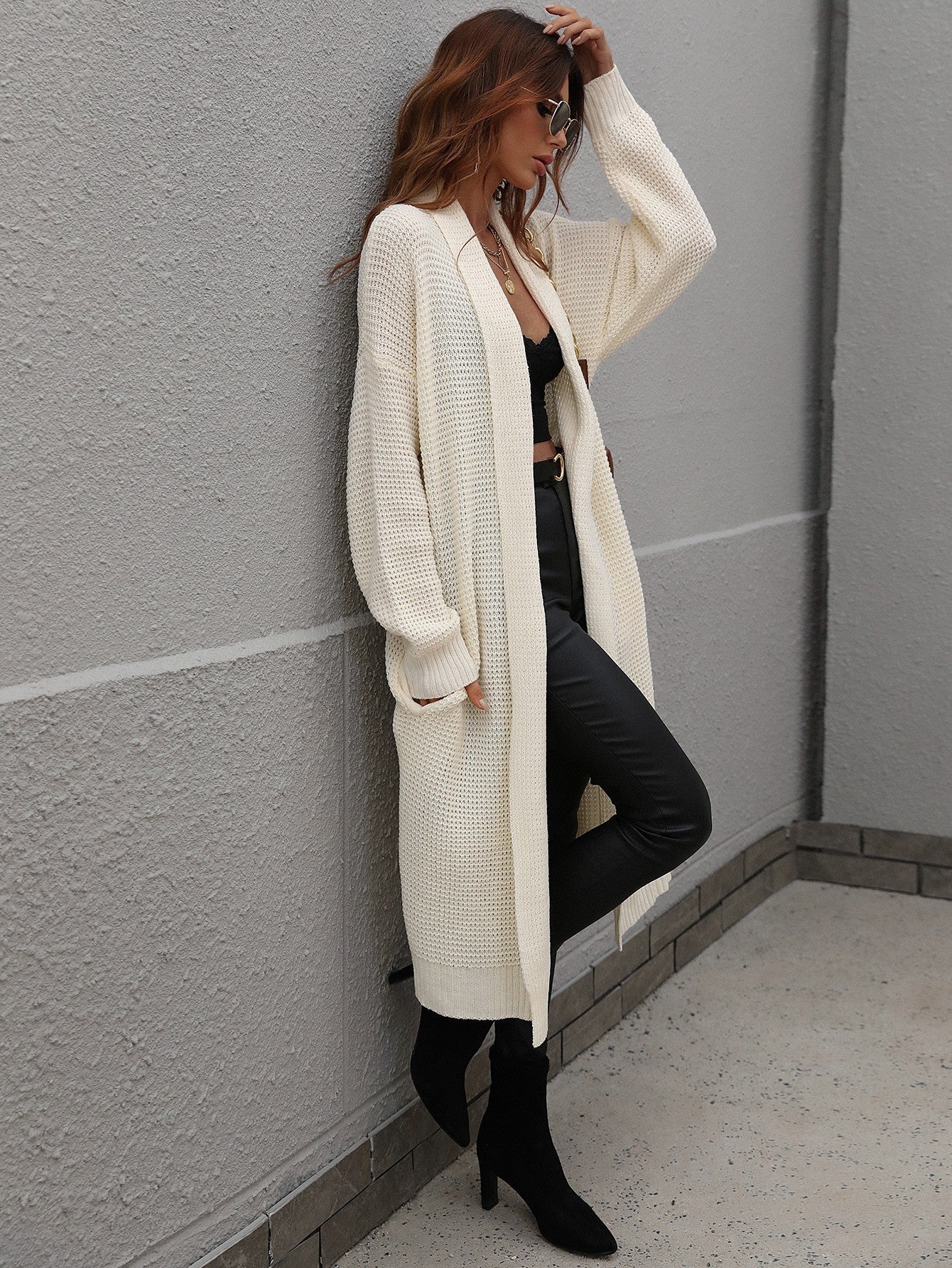 Waffle Knit Open Front Duster Cardigan With Pockets - Aurelia Clothing